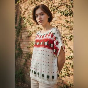 Vtg Women's Cream and Red Knit Sweater Farm core Cherries Granny core
